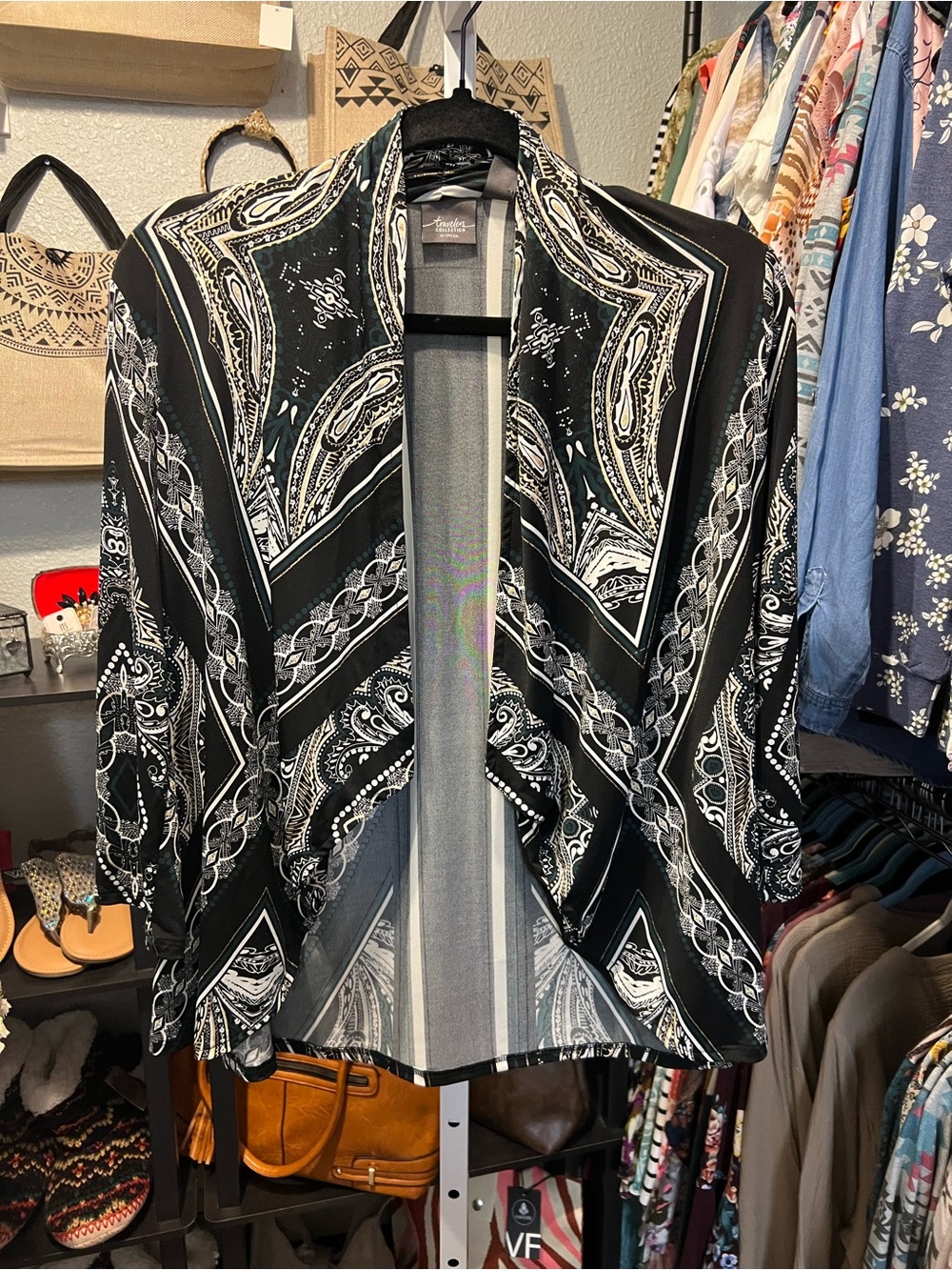 Chico's Black and White Paisley Open-Front Cardigan